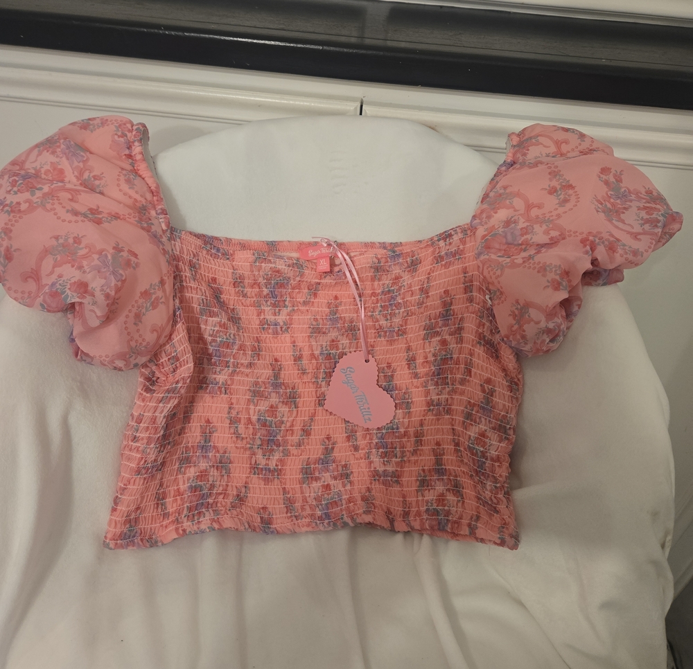 Sugar Thrillz Coral Pink Floral Smocked Puff-Sleeve Crop Top